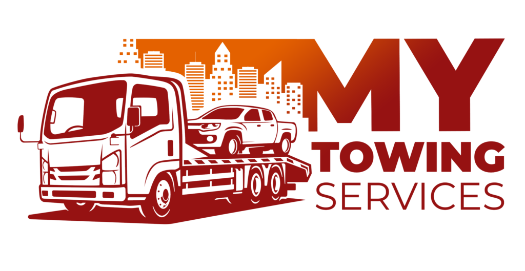 A stylized red and white logo shows a tow truck carrying a car, with a city skyline in the background and "MY TOWING SERVICES" beside the image, representing a reliable towing company offering Solano County Roadside Assistance.