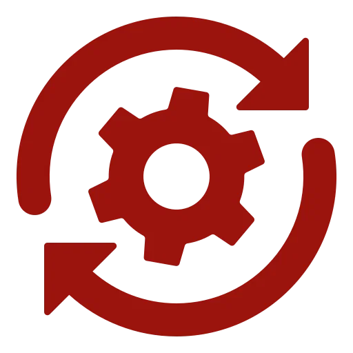 A red gear icon surrounded by two curved arrows forming a circular motion, representing process, synchronization, or system update—ideal for a towing company or Solano County Roadside Assistance branding.
