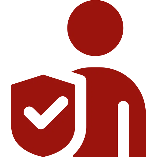 A red icon of a person next to a shield with a checkmark, symbolizing the security and verified identity you can expect from a trusted Solano County Roadside Assistance towing company.